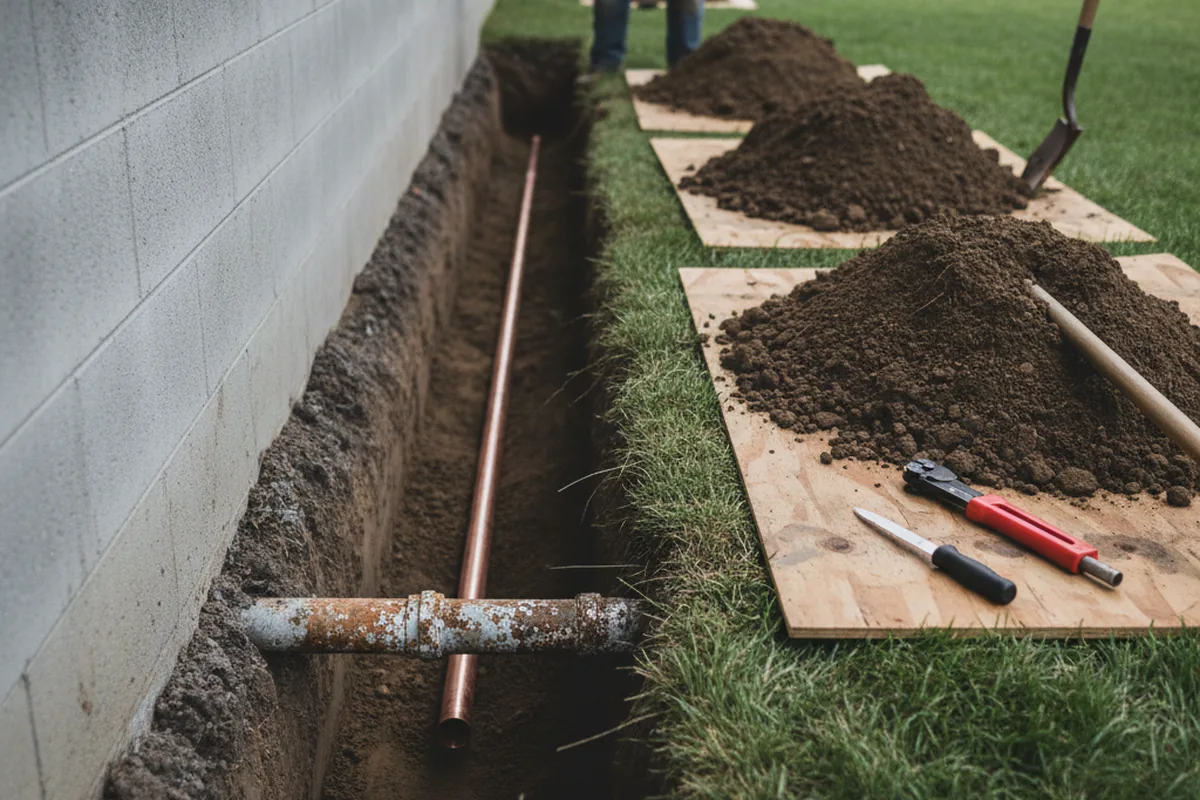 Excavated water line trench during Sewer Line Repair in Anoka